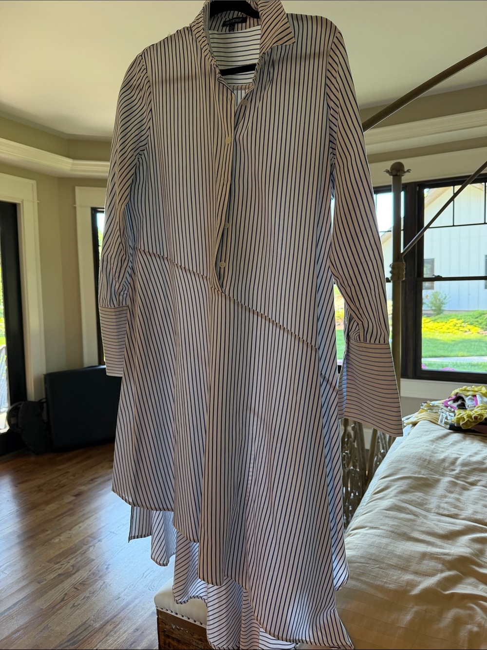 Striped Asymmetrical Shirt Dress - Blue and White
